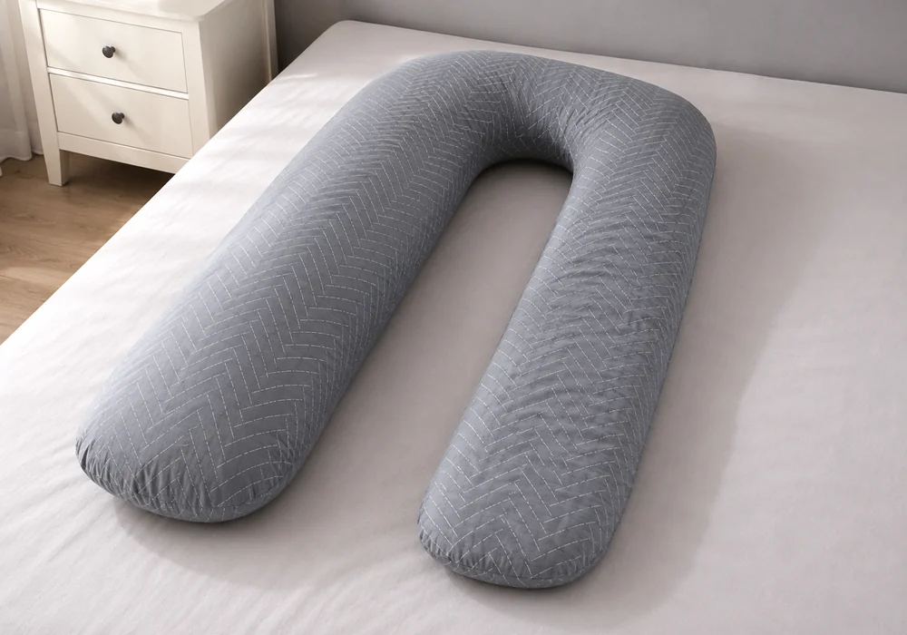 Cuscino gravidanza a U grigio spigato, disteso su un letto rifatto, visto dall’alto