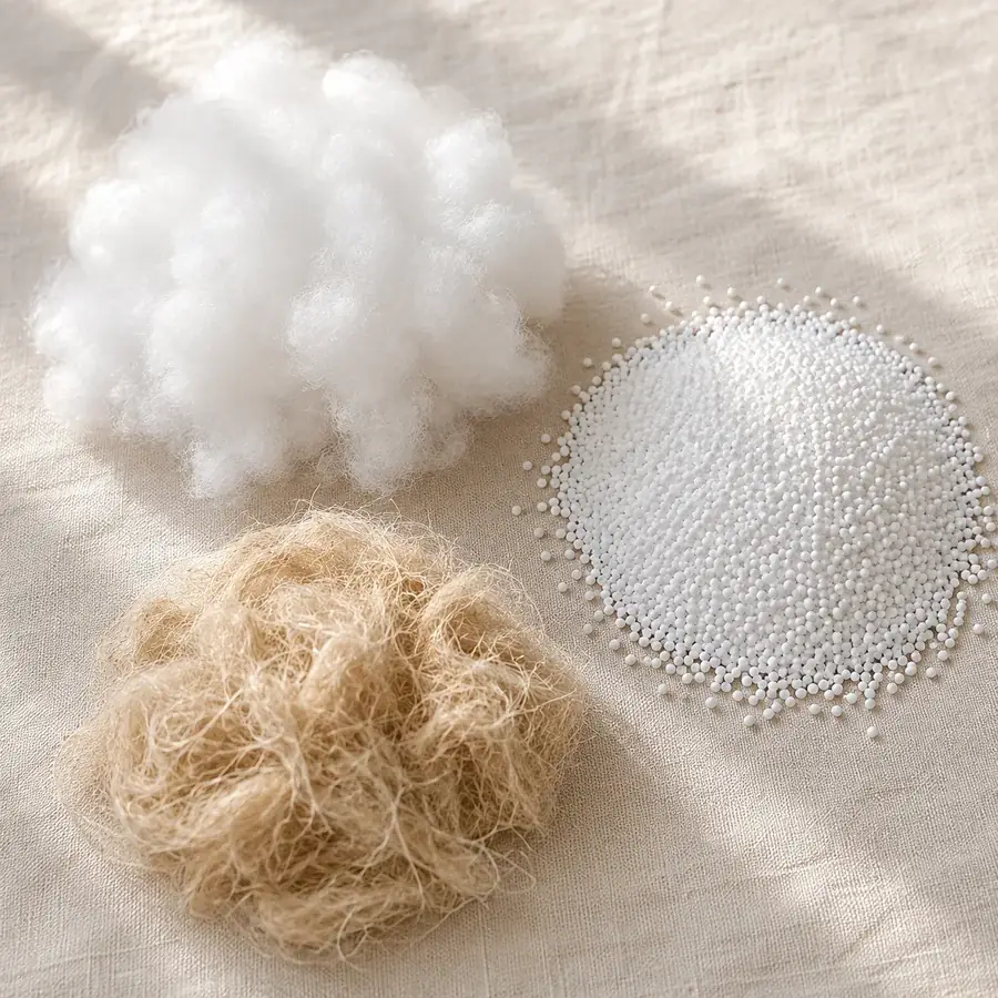 Tre mucchi di imbottitura su un lino bianco sporco: fibre sintetiche, microsfere e fibra vegetale beige
