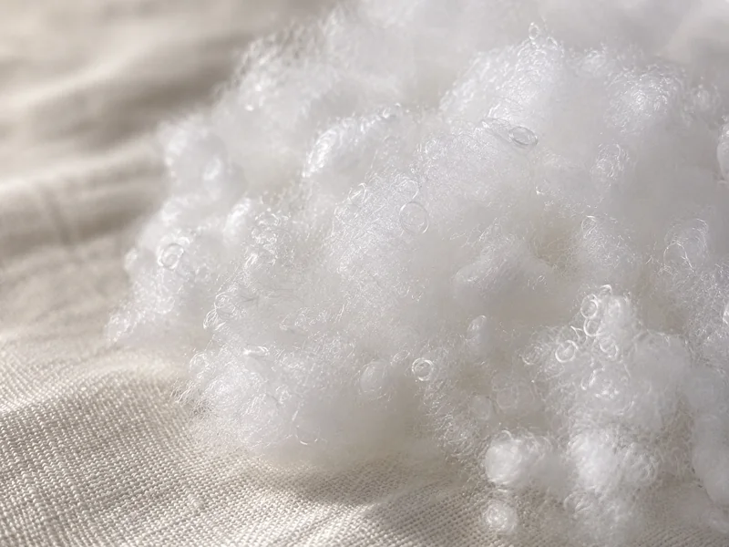 Primo piano su fibre sintetiche bianche e voluminose, l’imbottitura del cuscino