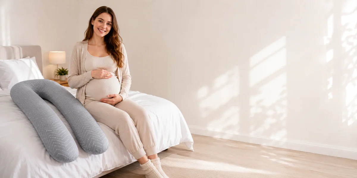 Donna incinta seduta sul bordo di un letto, sorridente, con il cuscino gravidanza a U appoggiato accanto a lei